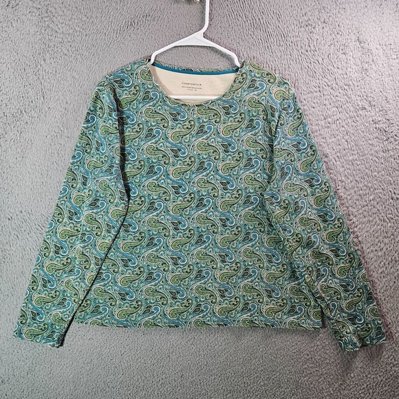 Charter Club Tee Top Women XL 100% Pima Cotton‎ Paisley Green Blue - Picture 1 of 9